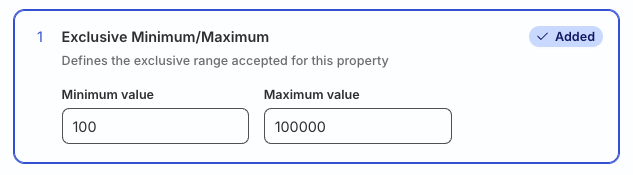 Define the acceptable exclusive min/max range for the property