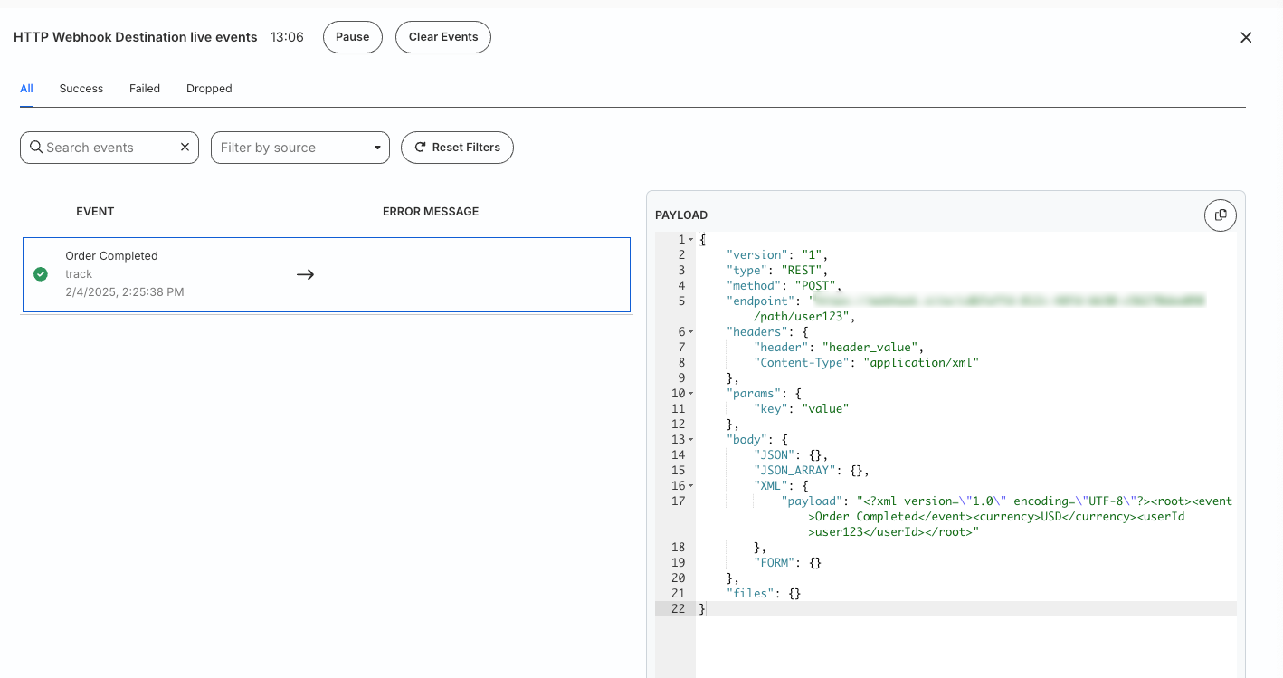 Sample event payload sent to webhook